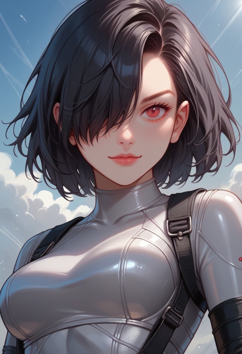 score_9, score_8_up, score_7_up, 
source_cartoon, 2d, 
<lora:DetailedEyes_last:1>, red eyes, dominant smile, action, dynamic, 
high quality, dynamic, solo, black hair, straight hair, hair over one eye, bodysuit, neon trim, arm gloves, latex bodysuit, TRON suit, anodised titanium body suit, medium breasts, (close up:1.4), covered breast, chestplate armour, tactical vest,