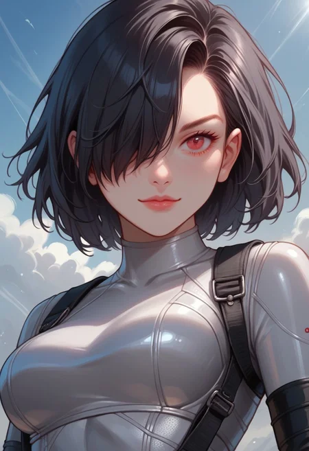 score_9, score_8_up, score_7_up,
source_cartoon, 2d,
<lora:DetailedEyes_last:1>, red eyes, dominant smile, action, dynamic,
high quality, dynamic, solo, black hair, straight hair, hair over one eye, bodysuit, neon trim, arm gloves, latex bodysuit, TRON suit, anodised titanium body suit, medium breasts, (close up:1.4), covered breast, chestplate armour, tactical vest,