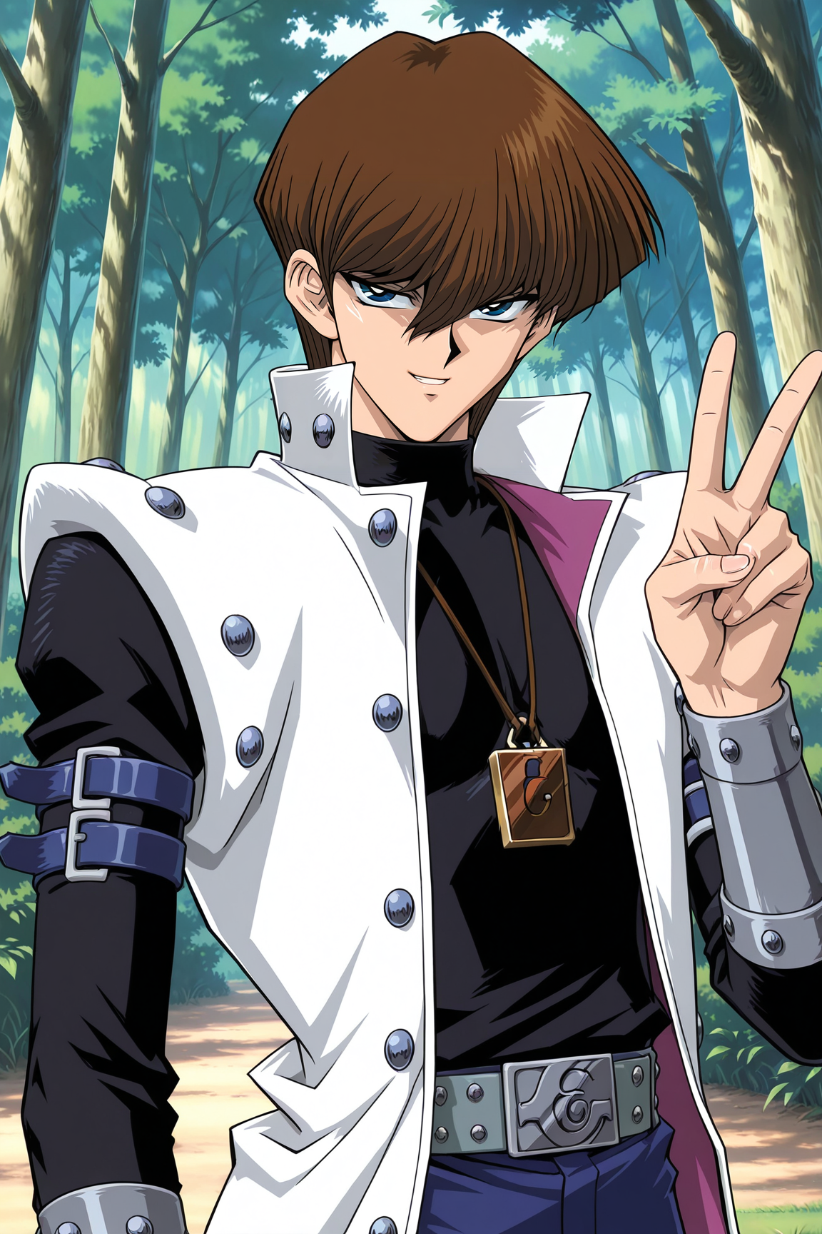 masterpiece,best quality,amazing quality, SetoKaibaYGOILXL, retro artstyle, 1boy, blue eyes, brown hair, short hair, hair between eyes, pectorals, turtleneck, white coat, open coat, black shirt, long sleeves, arm belt, necklace, guantlets, grey belt, blue pants, solo, front view, (portrait, upper body), peace sign, v, solo focus, seductive smile, looking at viewer, forest, tree   <lora:SetoKaibaYGOILXL:1>