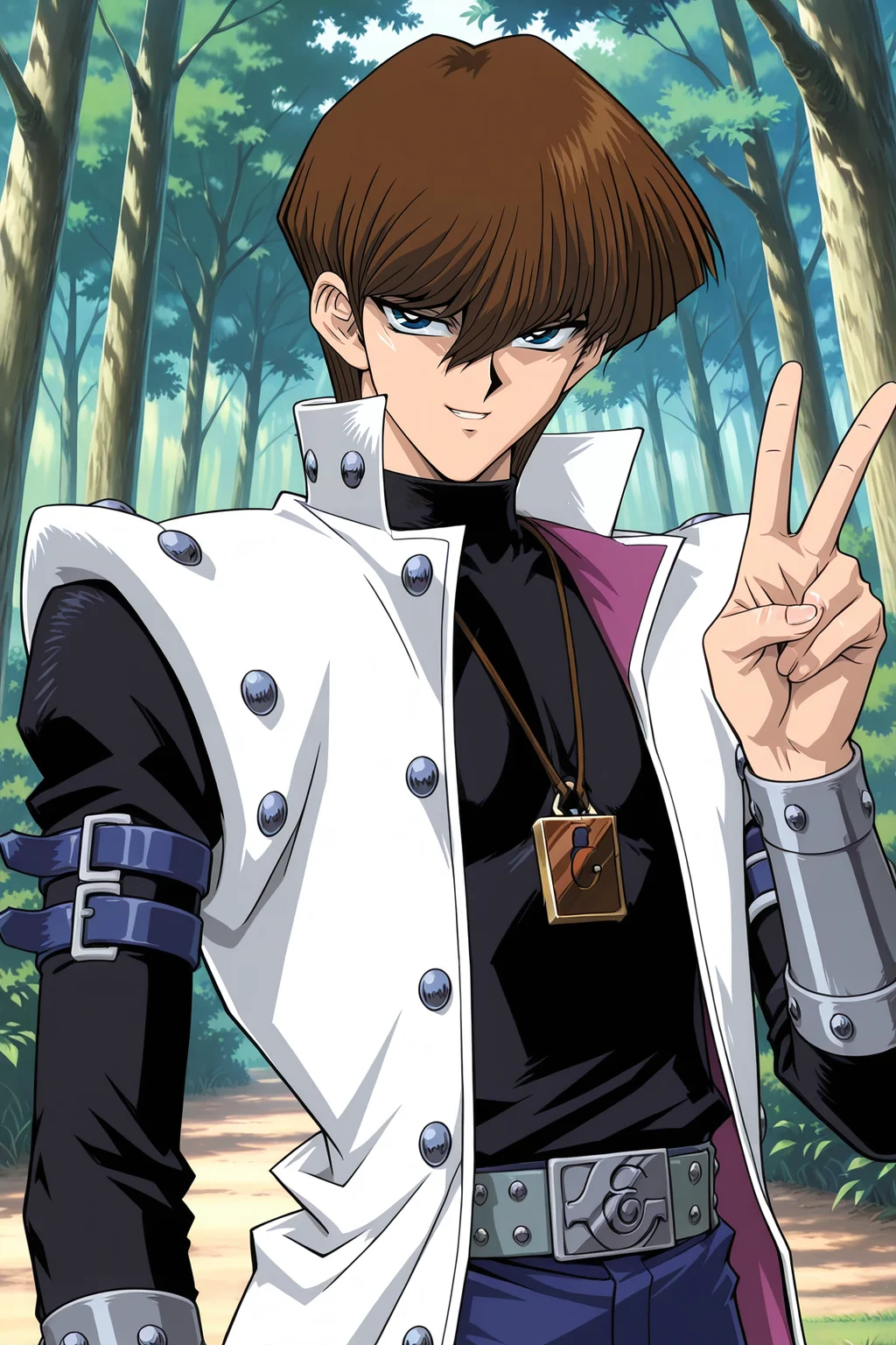 masterpiece,best quality,amazing quality, SetoKaibaYGOILXL, retro artstyle, 1boy, blue eyes, brown hair, short hair, hair between eyes, pectorals, turtleneck, white coat, open coat, black shirt, long sleeves, arm belt, necklace, guantlets, grey belt, blue pants, solo, front view, (portrait, upper body), peace sign, v, solo focus, seductive smile, looking at viewer, forest, tree <lora:SetoKaibaYGOILXL:1>