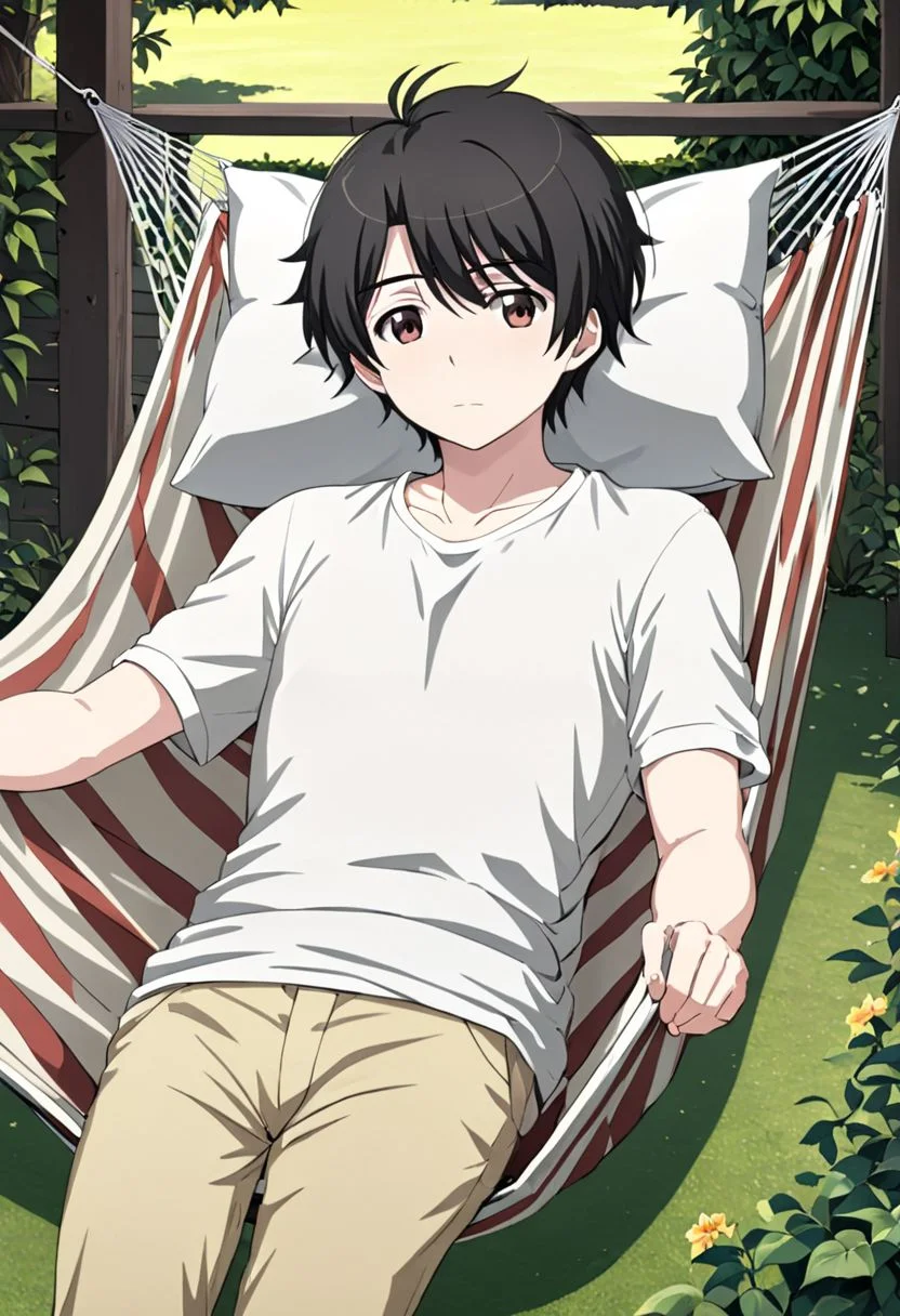 high resolution, solo, best quality, 1Boy, Inaho Kaizuka, Black hair, Brown Eyes, Relaxing in a hammock, backyard, summer, breeze, OverallDetail