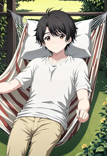 high resolution, solo, best quality, 1Boy, Inaho Kaizuka, Black hair, Brown Eyes, Relaxing in a hammock, backyard, summer, breeze, OverallDetail