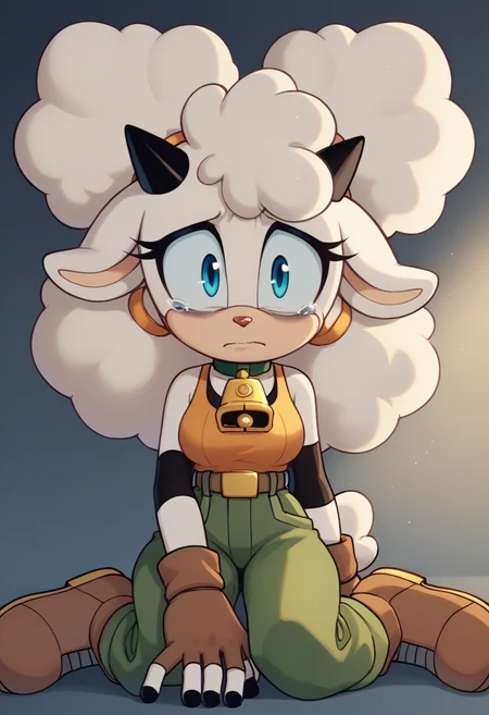 score_9,score_8_up,score_7_up, <lora:lanolinsheep5-08:0.9>, 1girl, lanolin the sheep, white hair, afro puffs, two-tone fur, beige fur, white fur, black elbow pads, single horn, eyelashes, sheep tail, sheep ears, blue eyes, medium breasts, red nose, orange tank top, brown belt, fingerless gloves, bra under clothes, green cargo pants, brown combat boots, black nails, hair tie, cowbell, green choker, sitting, tears, bags under eyes, nervous, head tilt, volumetric lighting, cinematic lighting