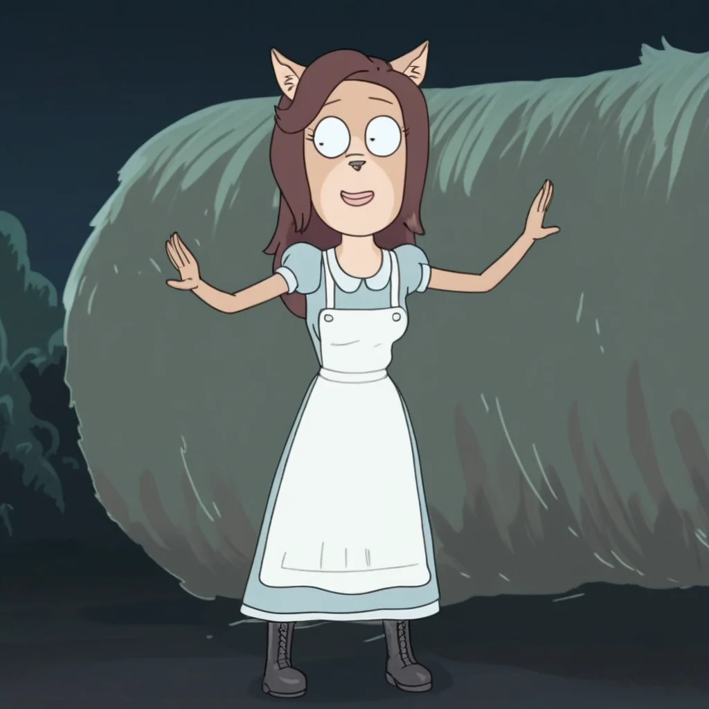in a forest, standing, darker brown hair, medium breasts, white apron, 1girl, expressive eyes, Solo, Score_9, full body, pointed ears, light blue dress, long black boots, feline, cat nose, hair flowing, cat ears, furry, light brown fur, smile