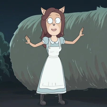 in a forest, standing, darker brown hair, medium breasts, white apron, 1girl, expressive eyes, Solo, Score_9, full body, pointed ears, light blue dress, long black boots, feline, cat nose, hair flowing, cat ears, furry, light brown fur, smile