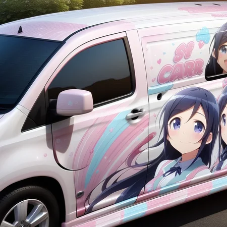 aragaki ayase,smile,vehicle focus, from side(lapping car,print car,painted car style),masterpiece,best quality, very aesthetic, absurdres, ultra detailed <lora:Ayase_Aragaki_-_Oreimo:0.7> <lora:lappingcar:1>