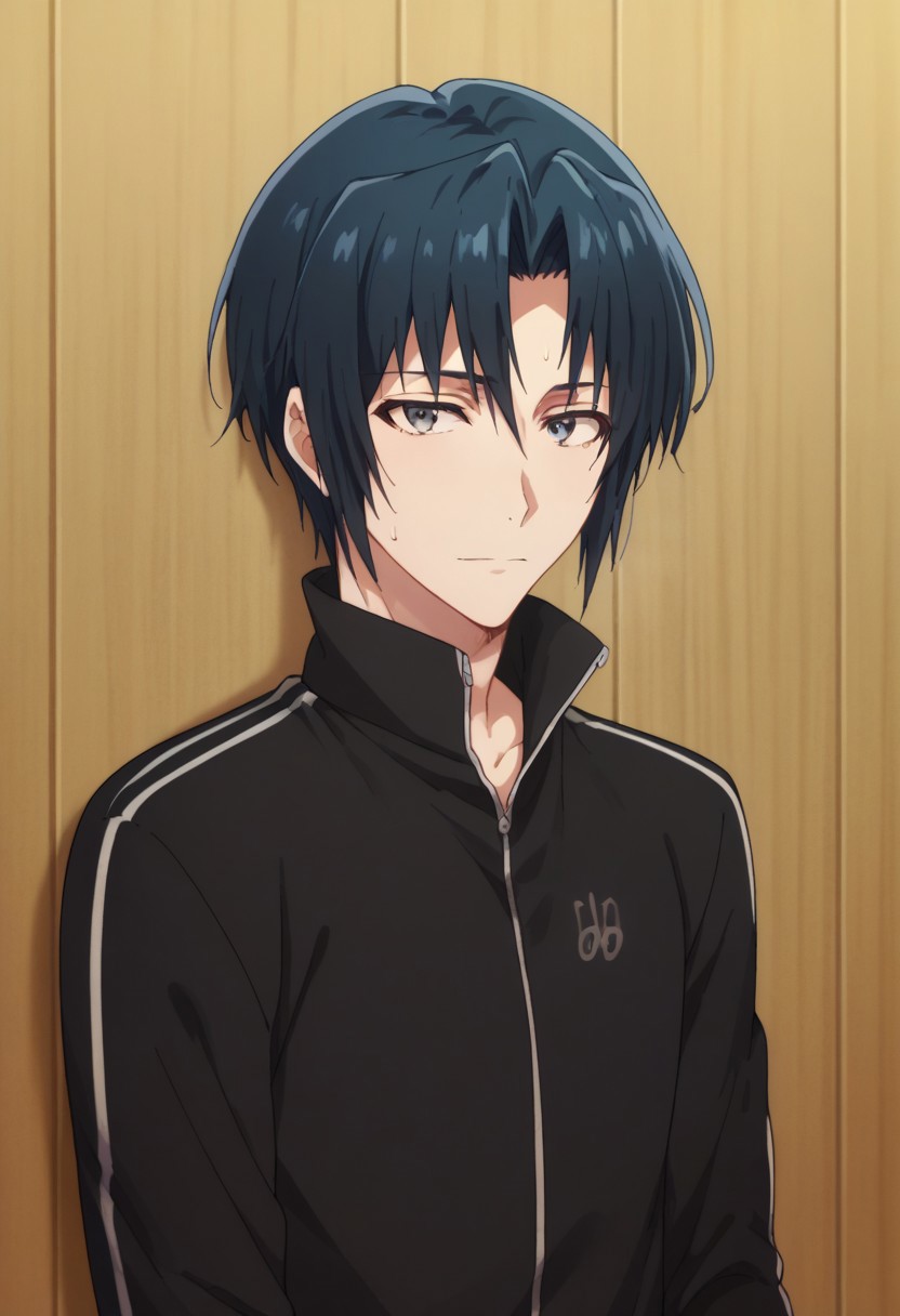 score_9, score_8_up, score_7_up, source_anime, highly detailed, 
iorizumi, 1boy, male focus, solo, track suit, grey eyes, black hair, jacket, blue hair, track jacket, looking at viewer, upper body, tired, sweat, light smile,