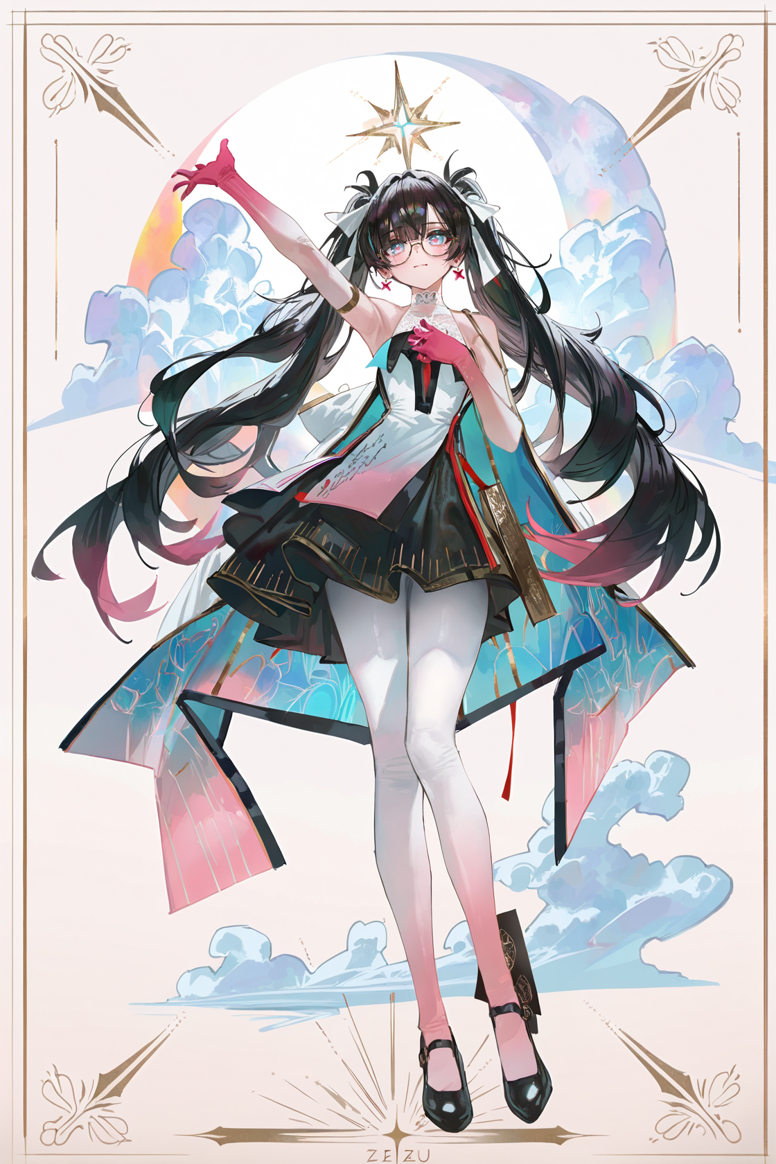 8k, masterpiece, best quality, amazing quality, very aesthetic, absurdres, (ultra-detailed), (high detailed skin), 
((artist:betabeet)), artist:john_kafka, artist:nixeu, artist:quasarcake, ((artist:reoen),(artist:fuzichoco),(artist:atdan),(artist:torino_aqua),year 2024:0.8)
(by xilmo, by modare, by reoen:1.1), (hyperrealistic:1.1), (high_contrast:1.1), (holy_(\theme\):1.2), (card_\(theme\):1.1), solo, (white-color-scheme:1.1), character card, abstract sun, moon and stars, thick line, solo, 
<lora:zhezhi-noob-Tanger:0.8>, zhezhi, default clothes, white pantyhose, 1girl, long hair, black hair, glasses, twintails, dress, black footwear, 
<lora:neg101-000008:0.5>, murals, holy light, mural sun, simple white background, angels come, clouds, card border, frame pattern, facial lighting,