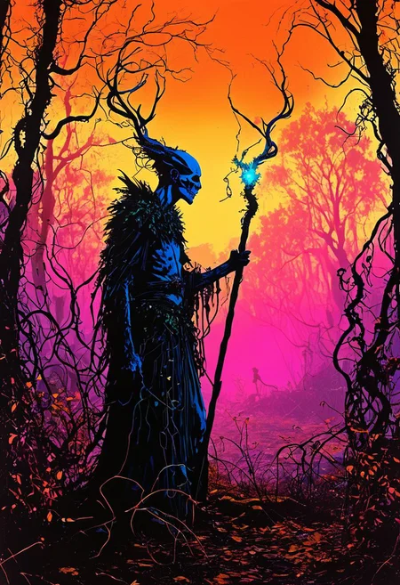 druid with a staff entwined with vines, communing with nature in a secluded grove
silhouette ,
in the style of the decaying empire of Wrstreich, dark magic and grotesque creatures abound, inspired by Sean Aaberg's punk aesthetic, dark fantasy world combines grim landscapes with vibrant, exaggerated neon colorful art, old 80's VHS dark fantasy, VHS screen grab, grainy, old footage