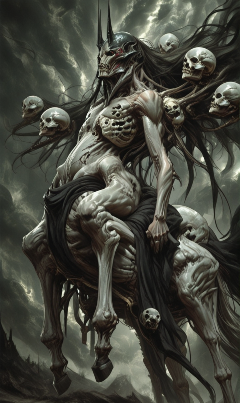 A digital painting of a dark stormy sky filled with floating skulls and a menacing horned figure riding a skeletal horse, masterpiece, fine details, dynamic , <lora:- iLL - PdJ_highres_counterweight _V1.0-step00007000:.6>, <lora:- iLL - vl_abstractbrush_finished_V1.0:.8>   <lora:- iLL - the_edgy_mech_V2.0-step000013500:0.8>