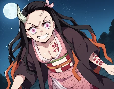 score_9, score_8_up, score_7_up, source_anime,
nezukokamado, <lora:nezuko-kamado-anime-ponyxl-lora-nochekaiser:1>,
nezuko kamado, black hair, forehead, hair ribbon, long hair, multicolored hair, pink eyes, orange hair, slit pupils, wavy hair, two-tone hair,
cleavage, japanese clothes, horns, kimono, sash, obi, demon girl, angry, single horn, veins, pink kimono, cracked skin, checkered sash, tattoo,
outdoors, night, landscape, moon, starry sky, bent over, smile,
solo, dutch angle, looking at viewer, cowboy shot,