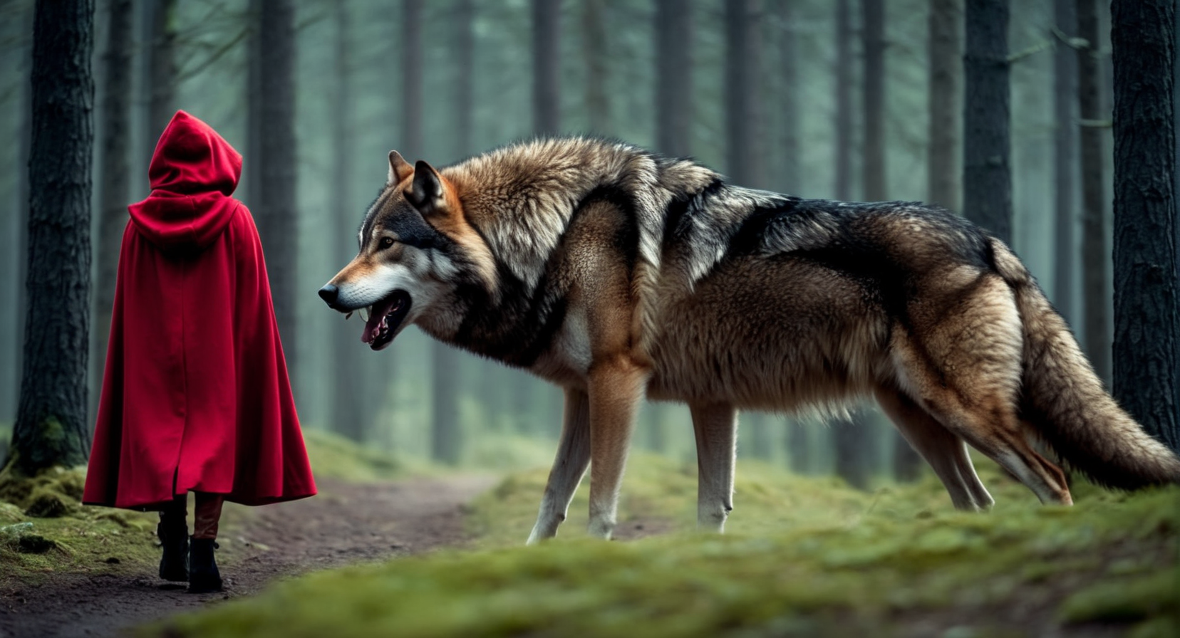 cinematic film still of  <lora:Little Red Riding Hood:1.2> Cinematic Film Scene
Little Red Riding Hood a woman in a red cloak is walking in front of a large wolf monster, shallow depth of field, vignette, highly detailed, high budget, bokeh, cinemascope, moody, epic, gorgeous, film grain, grainy