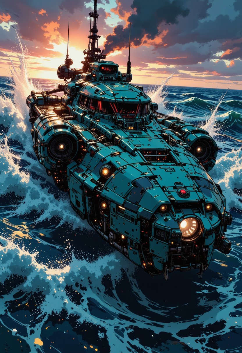 a_skynet_cyberdyne_craft, a sleek combat hovercraft, silhouetted, chiascuro, sunset, stormy sky. The hovercraft is painted in camouflage blue and black, and the cockpit shows glowing led lights, and has a large air intake, stormy sea, waves, dutch angle, the image slanted diagonally, motion blur