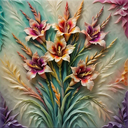 abstract floral print, gladiolus, blurred edges, spray paint, suede, impressionism style, Atmospheric Depth, analogous colors, zigzag pattern, double exposure effect, mosaic inlay accents, tiled, velour texture, sparkling finish <lora:artfully_ETHEREAL-GEOMETRIC-FLORAL-FUSION:1>,
