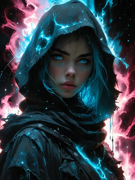 a portrait of a hooded young punk woman, set amidst white and sky-blue auroras, incorporating cosmic plasma markings that evoke a sense of Chemiluminescent Impressionism, (LOW-KEY:1.2) <lora:HellJourney_XL_V12024-08-01_09-12-39-save-2806-8-0:0.6> <lora:incase-ilff-v3-4:0.4> <lora:Fant5yP0ny:0.4> <lora:zavy-cntrst-sdxl:1.0>