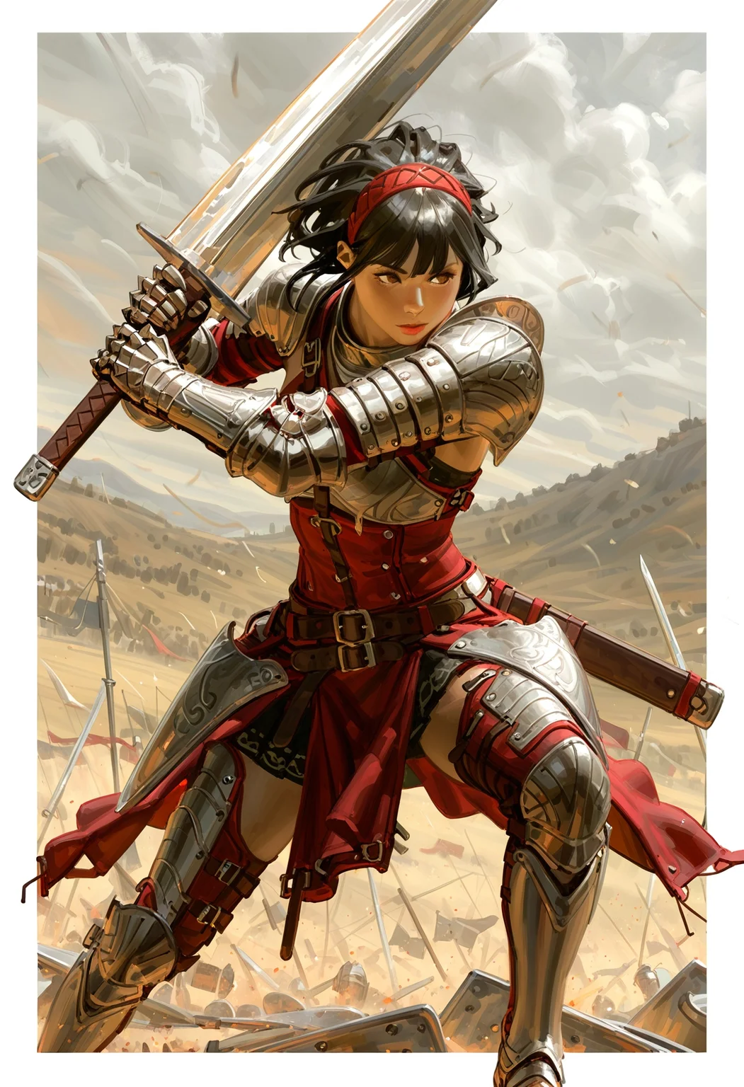 realistic textured painterly, (by solipsist:1.3), by guweiz,
safe general, 
 border, outside border,  white border, 
1girl, solo,  wearing fur clothes,  muscular, black hair, metal plates, metal belt, dynamic pose, holding sword, two-handed sword, huge weapon, 
very awa, best quality, highres, masterpiece,
<lora:nhl-002-19-nai-new:0.9> nhl-002,