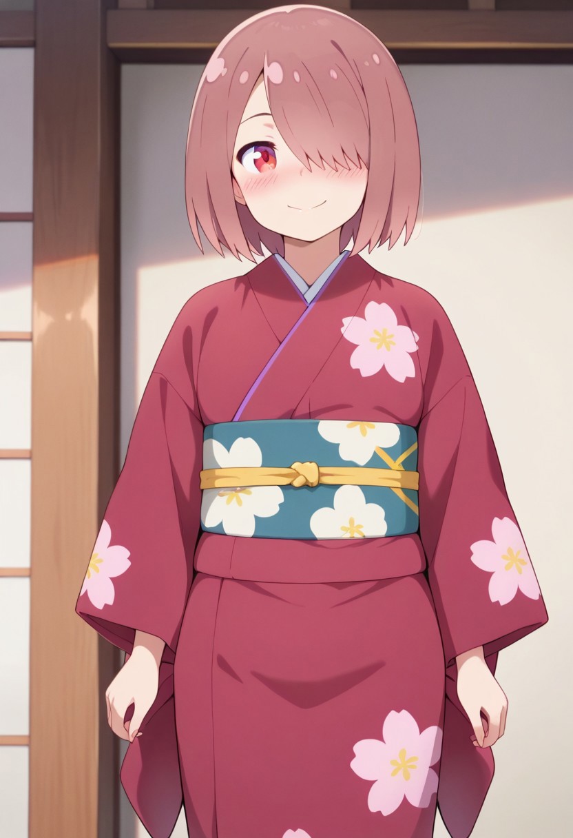 masterpiece,best quality,amazing quality, hoshino miyako, short hair, brown hair, red eyes, 1girl, solo, kimono, hair over one eye, japanese clothes, smile, blush, sash, red kimono, closed mouth, arms at sides, floral print, obi