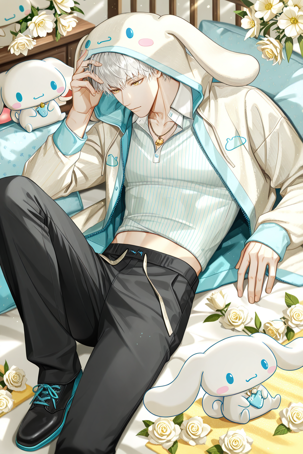 <lora:sariel-IL:0.9>,sariel, white hair, 1boy, male focus, cinnamoroll, hood, pants, shirt, black pants, yellow eyes, solo, jacket, jewelry, white shirt, flower, long sleeves, collared shirt, necklace, hood up, stuffed toy, midriff peek, striped clothes, open clothes, short hair, from above, one knee up, clothes lift, hand on own hair, leaning back, yaoi,bara,male focus,very awa,masterpiece,best quality,amazing quality,nsfw,uncersored,highres,best quality,amazing quality,best aesthetic,absurdres,