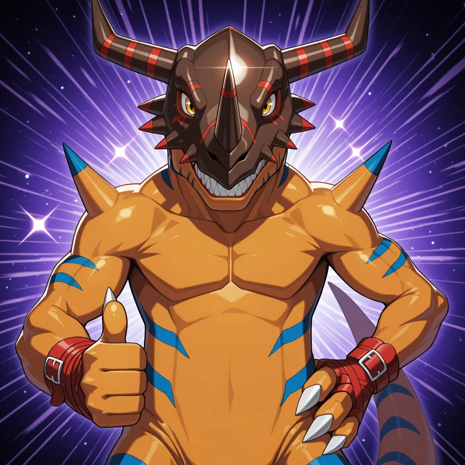 2d, solo, Geogreymon, Digimon (creature), reptile, scalie, dinosaur, orange skin, blue stripes, spikes, claws, toe claws, yellow eyes, red bracers, brown and red helmet, horns, sharp teeth, tail
BREAK smirking, one hand on hip, giving a thumbs up, looking at viewer, abstract background, sparkles, upper body focus
BREAK best quality, amazing quality, very aesthetic, absurdres, newest, masterpiece