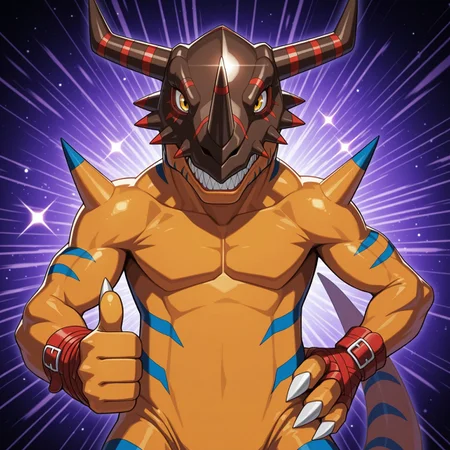 2d, solo, Geogreymon, Digimon (creature), reptile, scalie, dinosaur, orange skin, blue stripes, spikes, claws, toe claws, yellow eyes, red bracers, brown and red helmet, horns, sharp teeth, tail

BREAK smirking, one hand on hip, giving a thumbs up, looking at viewer, abstract background, sparkles, upper body focus

BREAK best quality, amazing quality, very aesthetic, absurdres, newest, masterpiece 
