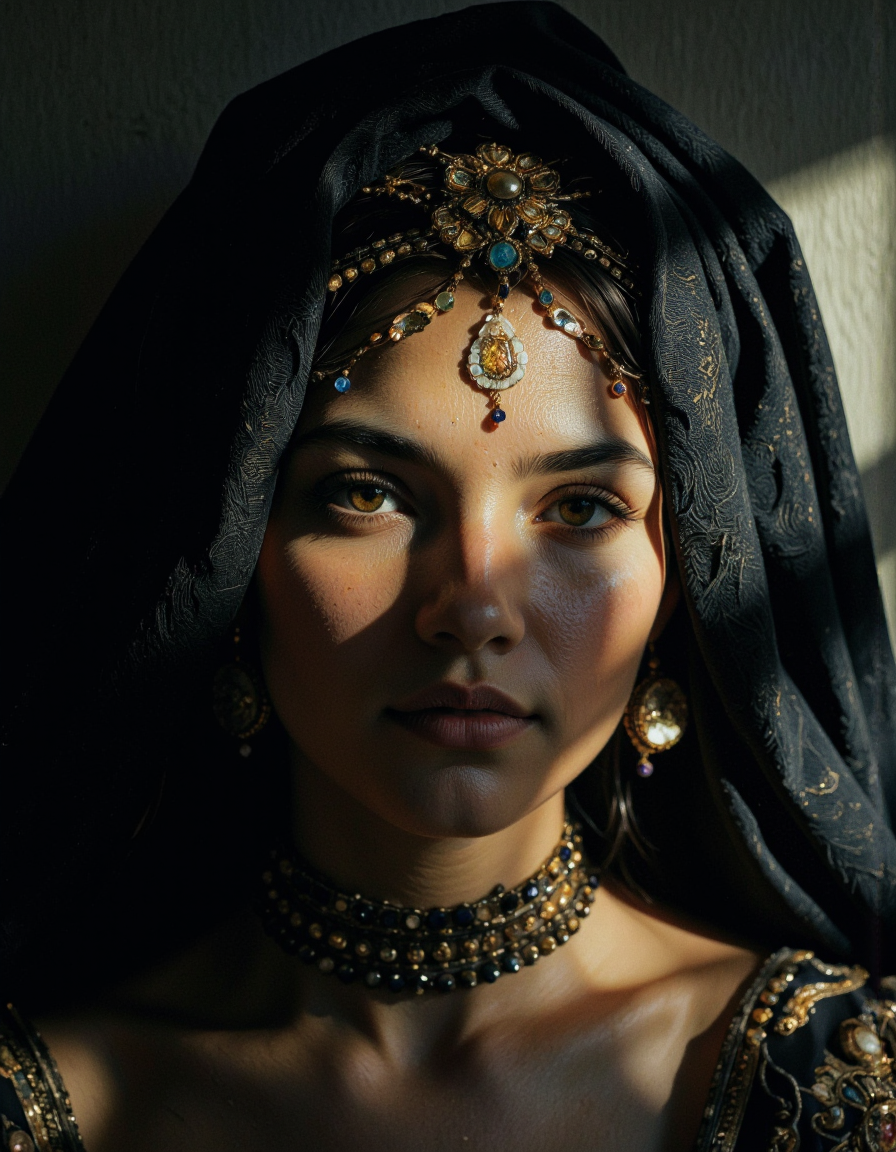 A cinematic photo of a beautiful berber woman, intricate light, angle view, thoughtful look down. <lora:Synesthesia:0.45>