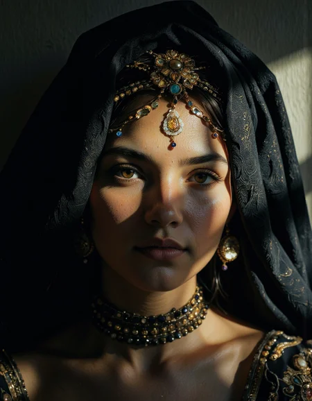 A cinematic photo of a beautiful berber woman, intricate light, angle view, thoughtful look down. <lora:Synesthesia:0.45>