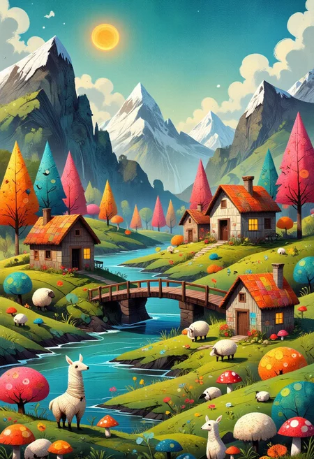 A vivid, detailed illustration of a whimsical, colorful landscape where everything is made from knitted patchwork fabric. The scene is dominated by a central, flowing river with a wooden bridge crossing it. The river is surrounded by lush, green, rolling hills, dotted with small, cozy houses with thatched roofs in shades of blue, orange, and yellow. The houses are intricately detailed with windows, doors, and chimneys. Surrounding the houses are tall, colorful trees with round, fluffy tops in hues of pink, orange, blue, and green, creating a surreal, fairytale-like atmosphere. The sky is a deep blue, contrasting with the vibrant colors of the landscape. In the background, towering, snow-capped mountains with fluffy clouds and a bright sun peeking from behind them add depth and a sense of scale to the scene. The foreground is filled with various small, knitted items such as alpacas, sheep, and mushrooms, all in bright, primary colors, adding to the whimsical and playful nature of the illustration. The textures are soft and fuzzy, with a hand-knit patchwork appearance, enhancing the cozy, handmade feel of the entire scene. The overall style is a blend of fantasy and folk art, creating a charming and enchanting world. ptchwrk