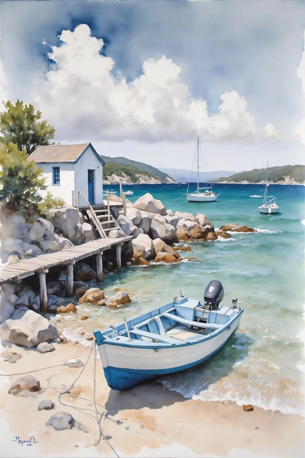 yawc1 watercolor. A watercolor painting of a small boat on a beach. The boat is blue and white in color and is anchored at a wooden pier. The pier is made of wooden planks and is surrounded by rocks and pebbles. On the left side of the image, there is a small white building with a sloping roof and stairs leading up to it. In the background, there are other boats on the water and a rocky shoreline. The sky is blue with white clouds and the water is a deep blue-green color. The painting has a soft, dreamy quality to it, with the colors blending together to create a sense of depth and texture. <lora:yawcolor_nocap1_d4a2:1.0><lora:799514574819759119:0>