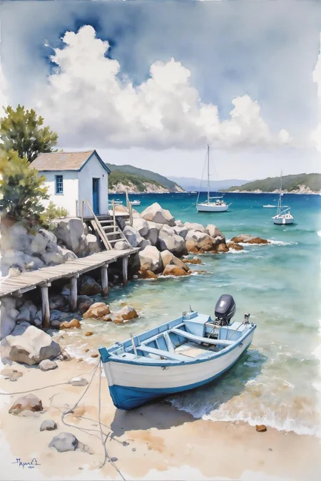 yawc1 watercolor. A watercolor painting of a small boat on a beach. The boat is blue and white in color and is anchored at a wooden pier. The pier is made of wooden planks and is surrounded by rocks and pebbles. On the left side of the image, there is a small white building with a sloping roof and stairs leading up to it. In the background, there are other boats on the water and a rocky shoreline. The sky is blue with white clouds and the water is a deep blue-green color. The painting has a soft, dreamy quality to it, with the colors blending together to create a sense of depth and texture. <lora:yawcolor_nocap1_d4a2:1.0><lora:799514574819759119:0>