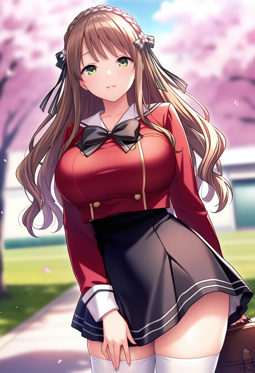 masterpiece, best quality, amazing quality,suzuna azuma, green eyes, brown hair, long hair, crown braid, hair ribbon, 1girl, solo,breasts, large breasts,school uniform, black bow, black skirt,white sailor color, red jacket, long sleeves, white thighhighs, parted lips, light smile, standing, looking at viewer, cowboy shot, blurry background, outdoors, school, cherry blossoms  <lora:suzuna azumaV1:0.9>