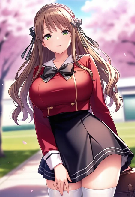 masterpiece, best quality, amazing quality,suzuna azuma, green eyes, brown hair, long hair, crown braid, hair ribbon, 1girl, solo,breasts, large breasts,school uniform, black bow, black skirt,white sailor color, red jacket, long sleeves, white thighhighs, parted lips, light smile, standing, looking at viewer, cowboy shot, blurry background, outdoors, school, cherry blossoms <lora:suzuna azumaV1:0.9>
