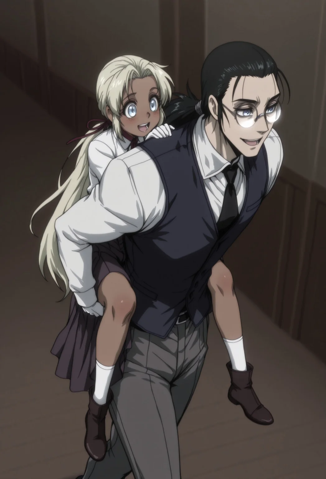 masterpiece, best quality, amazing quality, very aesthetic, absurdres, <lora:piggyback-illustriousxl-lora-nochekaiser:1>, piggyback, carrying, hetero, carrying person, walking, cowboy shot, girl on top, dark-skinned female, ((YoungIntegra, 1girl, child, blonde hair, very long hair, blue eyes, glasses, white blouse, red neck ribbon, blue long skirt, white socks, brown boots,)). BREAK
(DarkWalter, solo, 1boy, male focus, black hair, ponytail, hair pulled back, hair ribbon, blue eyes, glasses, round eyewear, white shirt, blue vest, black necktie, white gloves, black belt, grey pants, black shoes).
indoors, manor, perspective, looking at another, laughing