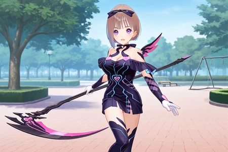 1girl, solo, breasts, looking at viewer, smile, short hair, light brown hair, thighhighs, gloves, dress, medium breasts, purple eyes,  boots, Hoshizaki Ao, Reflector outfit, park, tree, park <lora:Hoshizaki_Ao_Blue_Reflection_Pony:1>, navy blue hair bow, pink heart accessories on chocker, strap dress, bare shoulders, off shoulder navy blue frill gown, tartan elbow gloves, tartan pattern on chest, white gloves, cleavage, cowboy shot, <lora:Hoshizaki_Ao_Blue_Reflection_Illus:1> only one little wing, open mouth, (holding scythe), young adult body, full body, fighting stance, high heels, swing scythe