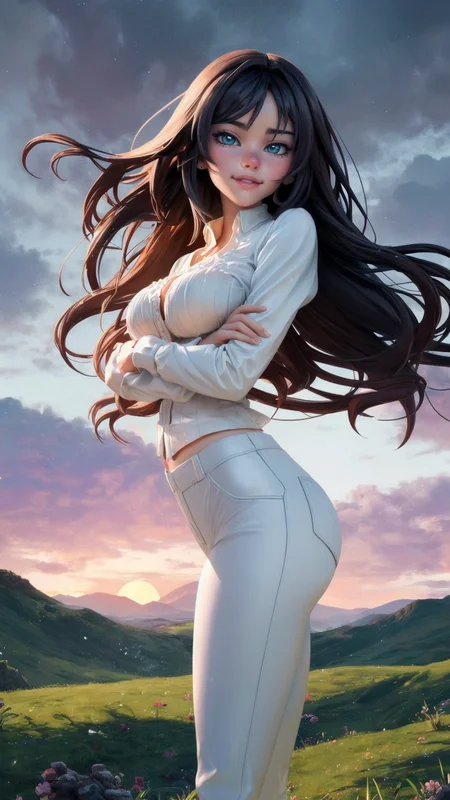 (pixar:1.2), (madisonB1:1.2)
A detailed 3D render of a girl with long, wavy red hair, wearing a shiny teal blouse and white pants. She is standing on one leg with the other leg slightly raised, and both arms extended gracefully to the sides, looking up with a joyful expression. The background features an intricate and surreal landscape with rolling purple hills, detailed vegetation, and a setting sun casting a warm glow. The sky is filled with clouds and colorful hues, enhancing the serene and magical atmosphere. The scene is bathed in soft, diffused light, casting gentle shadows and highlighting the realistic textures of her blouse, hair, and the elaborate landscape. The composition emphasizes a serene and magical atmosphere, with detailed lighting, realistic textures, and expressive character features. Realistic hand and finger anatomy.
<lora:baclight_slider_v10:-1> <lora:breastsizeslideroffset:0.8> <lora:add_sharpness:2>