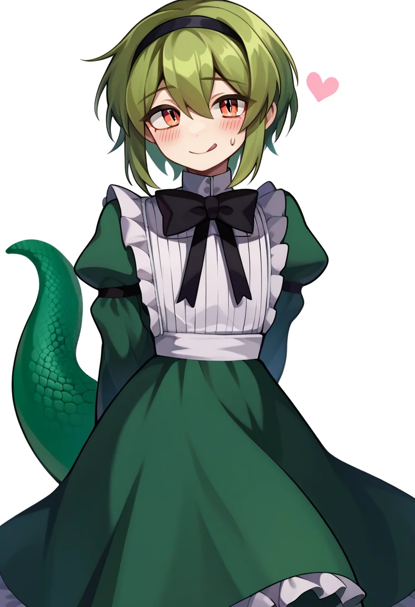 score_9, score_8_up, score_7_up, source_anime, <lora:bill BS2pony-000004:0.8>, bill2w, solo, tongue out, green hair, lizard tail, tail, dress, long sleeves, white background, heart, 1boy, hairband, male focus, bow, short hair, juliet sleeves, puffy sleeves, bowtie, blush, arm behind back, black bow, green dress, otoko no ko, frills, smile, looking at viewer, orange eyes, sweatdrop, crossdressing, hair between eyes, black hairband, bangs