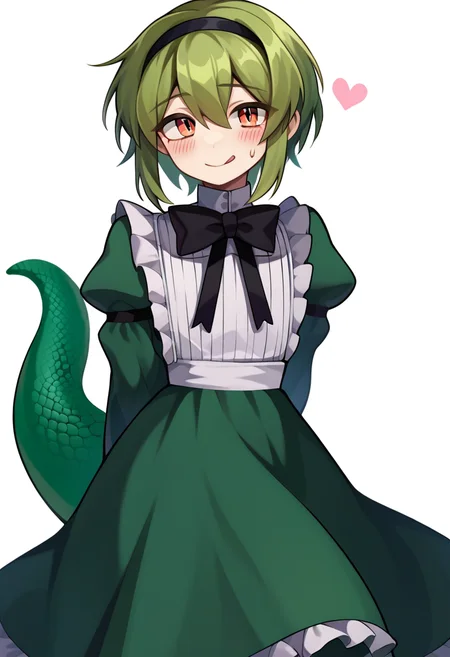 score_9, score_8_up, score_7_up, source_anime, <lora:bill BS2pony-000004:0.8>, bill2w, solo, tongue out, green hair, lizard tail, tail, dress, long sleeves, white background, heart, 1boy, hairband, male focus, bow, short hair, juliet sleeves, puffy sleeves, bowtie, blush, arm behind back, black bow, green dress, otoko no ko, frills, smile, looking at viewer, orange eyes, sweatdrop, crossdressing, hair between eyes, black hairband, bangs