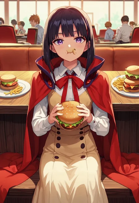 rinotuna, score_9, score_8_up, score_7_up, source_anime, masterpiece, 1girl, ctiankome, suspender skirt, dress shirt, cape, long sleeves, red ribbon, looking at viewer, , anime coloring, cowboy shot, sitting, restaurant, eating burger, anime screencap