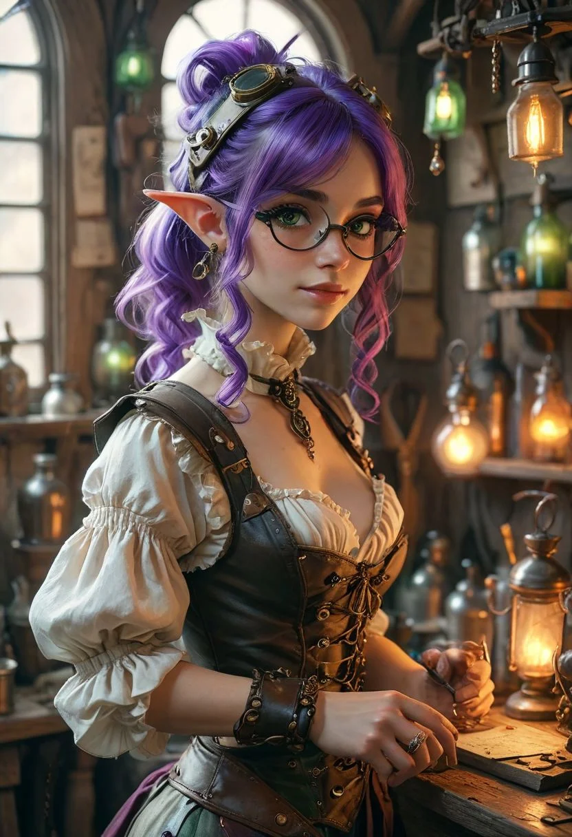 A pretty goblin, purple haired tinker-alchemist preparing potions and gadgets, long ears, long nose, alchemypunk and clockwork punk motif, goblin academia, Glowing potions and gadgets cast mystical lights, volumetric, depth of field, bokeh, translucency,
{1woman, 25 year old, Purple hair, Green eyes, Makeup, (Shortstack:1.2) (side ponytail:1.4), Steampunk goggles, goggles on head,
(Alchemy and Tinker shop, blueprints on walls, tools, potions, bottles, workbench, wooden walls, wood furniture, schematics on wall, blueprints on wall, Interior:1.1)
(Cleavage:1.2), puffy sleeves, puffy skirt, Shirt, brown corset, panty shot, leather belt, Brown Backpack, too many pouches,