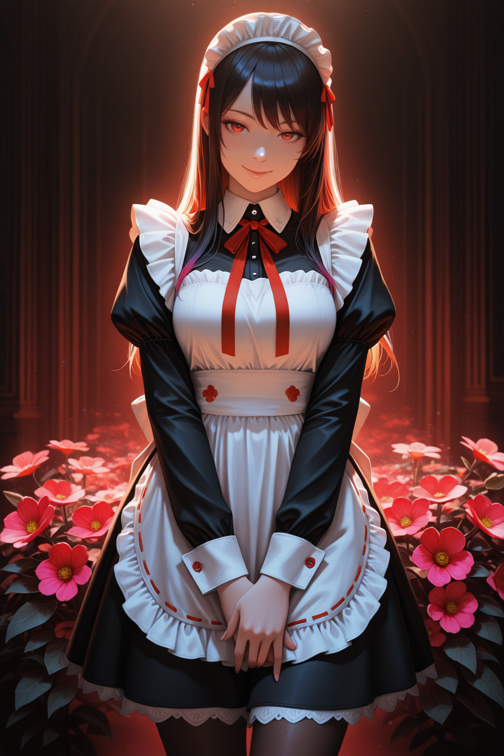 embedding:lazypos, 1girl,maid,slender,pantyhose,seductive_smile,portrait,scarlet_moon,colorful,Cinematic Lighting,available light,flowers meadows,v_arms <lora:TrendCraft_The_Peoples_Style_Detailer-v1.0A-3_13_2025-illustrious:0.2>