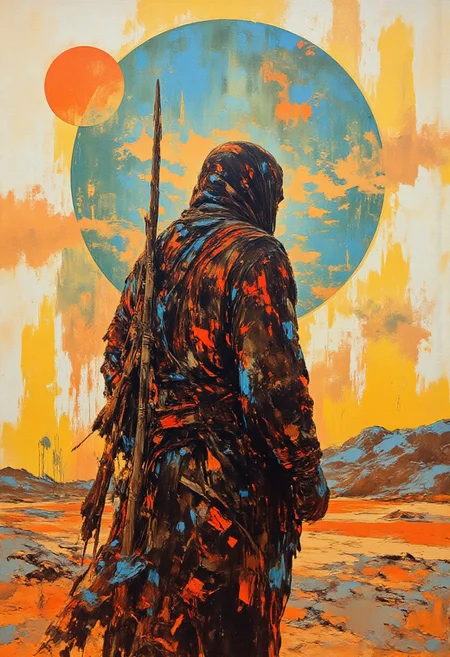 Jujutsu kaisen manga, 4k quality, (Perfect hand),, Abstract PopArt style painting
A man in robes to protect him from wind and heat walks through the desert alone. Facing away from camera. Hood up. (From behind)