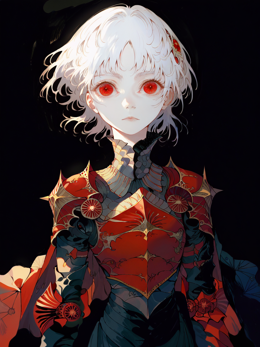 score_9, score_8_up, score_7_up, score_6_up, score_5_up,    <lora:MONXLP:1> mon, armor, red eyes, solo, black background, looking at viewer, helmet, shoulder armor, breastplate, simple background, white hair, short hair, pauldrons, 1girl, cape, upper body