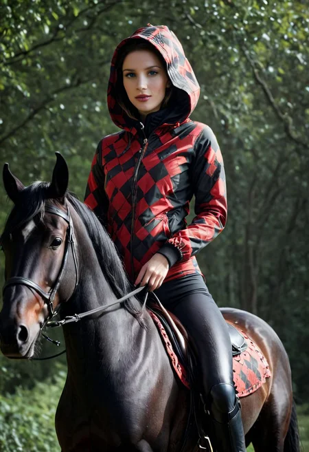 A shrouded Silhouette in darkness of a blushed slightly light smiling riding woman in Argyle/caro printed bodysuit with camo- black Camouflage hooded parka, riding a black glossy horse, a scene with vibrant red and black details, White Makeup, very detailed, atmospheric haze, Film grain, cinematic film still, shallow depth of field, highly detailed, high budget, cinemascope, moody, epic, OverallDetail, 1960s vintage RAW photo, photorealistic, candid camera, color graded cinematic, eye catchlights, atmospheric lighting, imperfections, natural, shallow dof