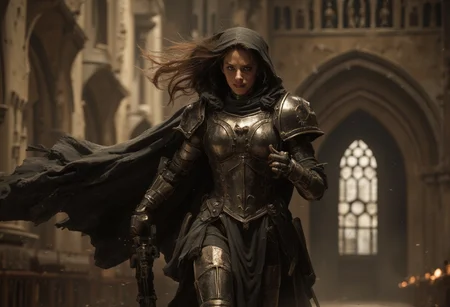 Adepta sororitas is running fast and firing with bolter, her cloak is waving behind her, her hairs are waiving, her armor is shining, her face smiling in anger, she is beautiful but focused, she is in the beautiful church and light from windows is falling on adepta sororitas <lora:flux_realism_lora:1> <lora:Sinfully_Stylish_.02_for_FLUX:0.9> <lora:lora:0.6> <lora:Bolter_-_Warhammer_40000_Flux:0.9> <lora:edgWar40KAdeptaSororitas:1>