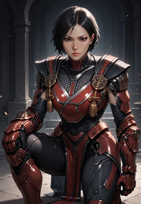 masterpiece, best quality, detailed, realistic, cowboy shot, serious, 1girl, solo, sektor, short hair, black hair, black eyes, lips, Black bodysuit, shoulder armor, breastplate, gauntlets, gloves, leg armor, pelvic curtain, knee boots, on one knee,