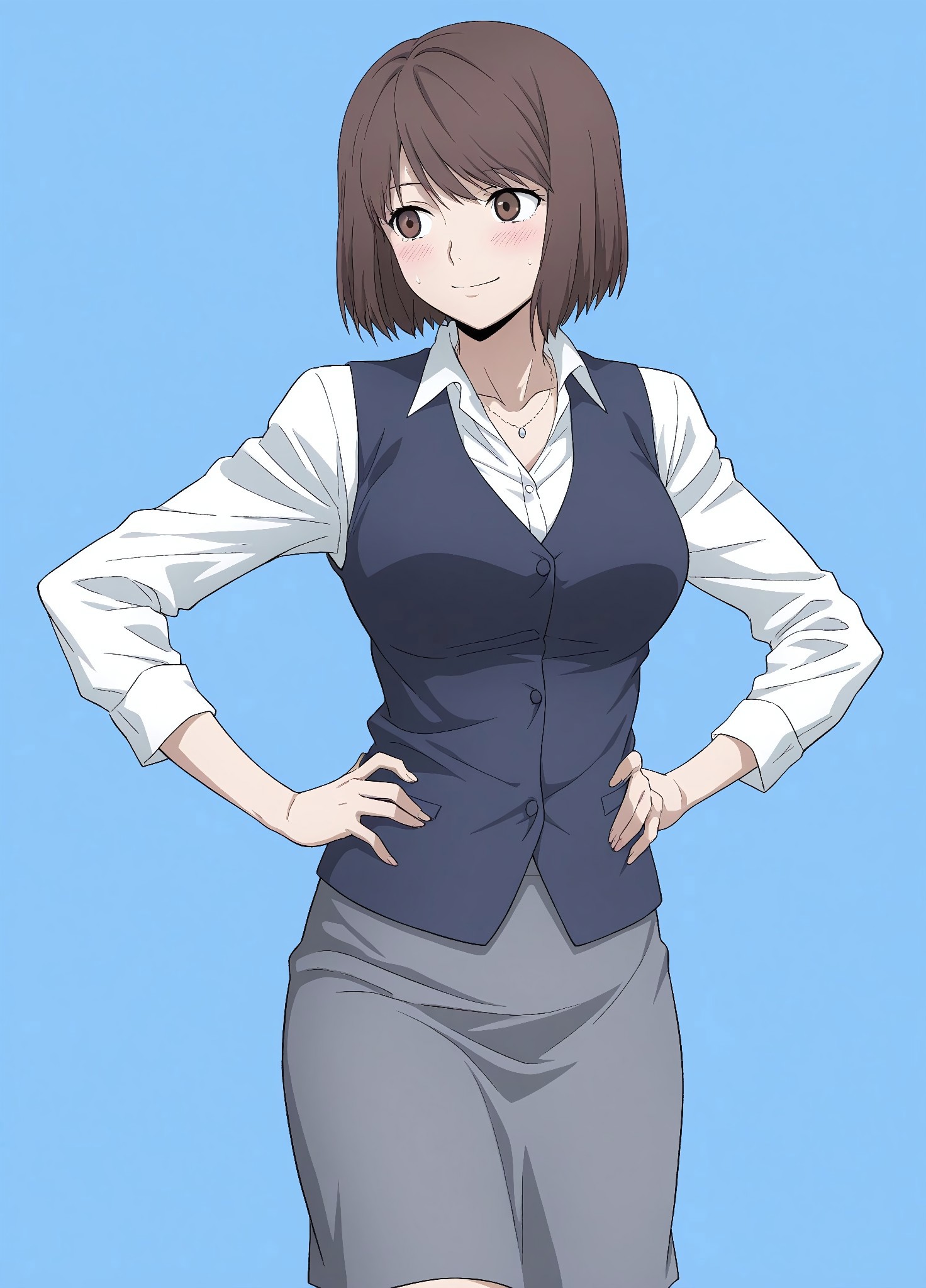 masterpiece, best quality, amazing quality, absurdres, 

Survival_Office_Lady,1girl, breasts, brown eyes, brown hair, , short hair, bob cut, bangs

Blue vest, collared shirt, grey skirt, pencil skirt, school uniform, sleeves rolled up, white shirt, vest, office lady, long sleeves, shirt, skirt, jewelry, necklace

 ,smile, standing, hands on the hips, cowboy shot, looking at viewer, looking to the side, standing, blush,simple background,  blue background, 