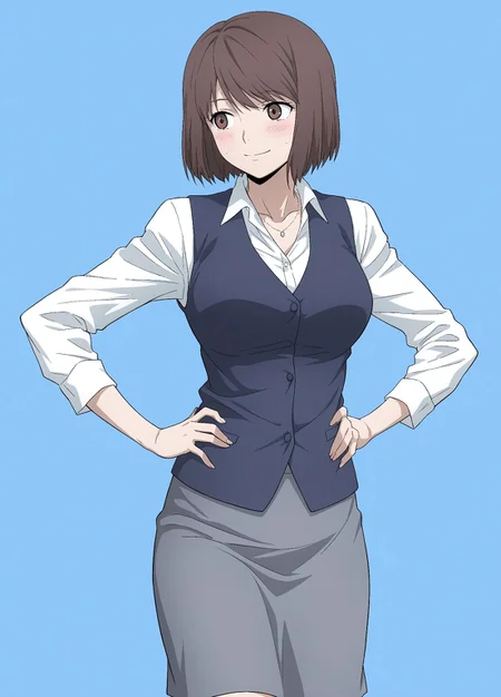 masterpiece, best quality, amazing quality, absurdres, 

Survival_Office_Lady,1girl, breasts, brown eyes, brown hair, , short hair, bob cut, bangs

Blue vest, collared shirt, grey skirt, pencil skirt, school uniform, sleeves rolled up, white shirt, vest, office lady, long sleeves, shirt, skirt, jewelry, necklace

 ,smile, standing, hands on the hips, cowboy shot, looking at viewer, looking to the side, standing, blush,simple background,  blue background, 