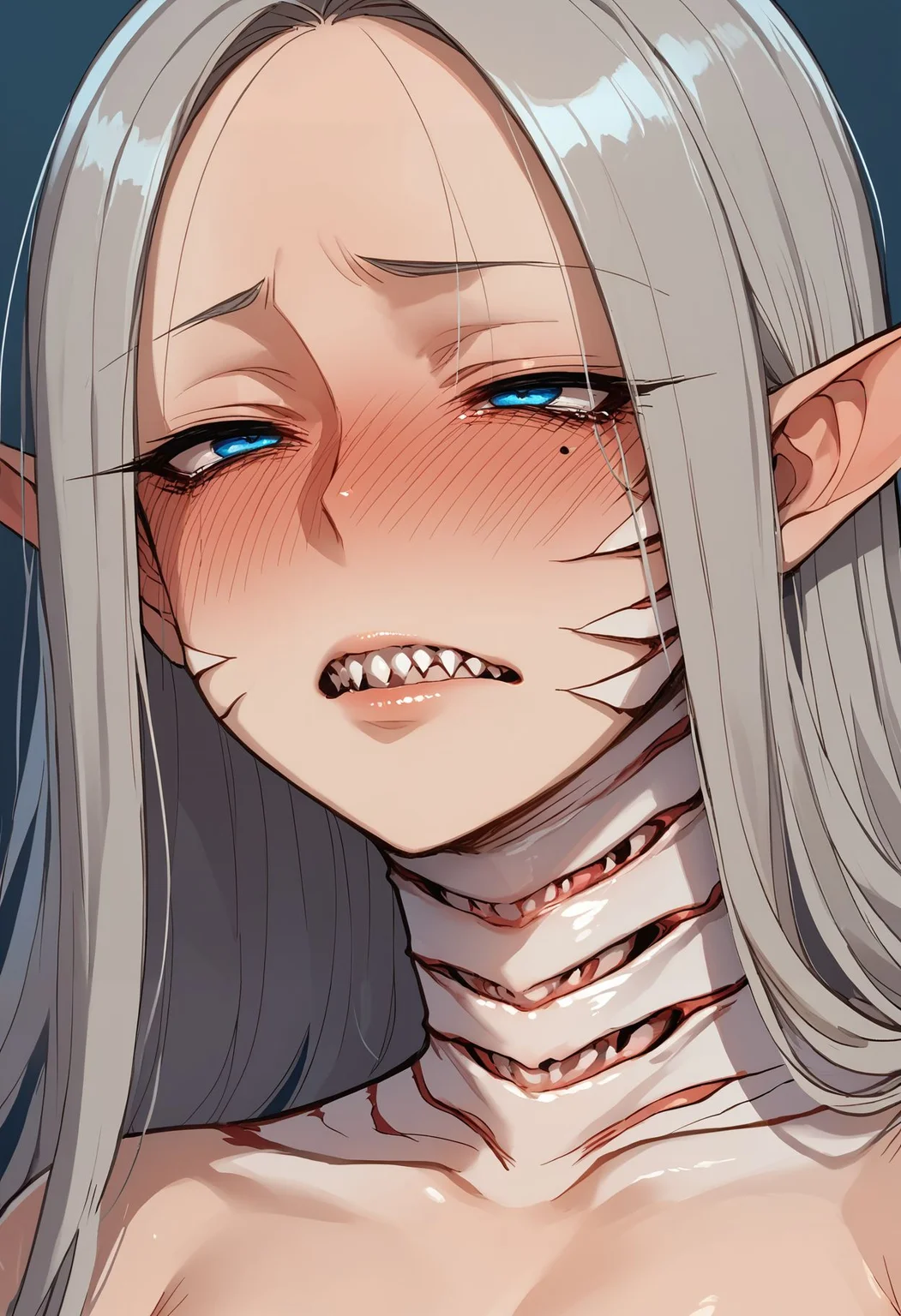 score_9,score_8_up,score_7_up, <lora:ratatatat74_style_pdxl_goofy:1>1girl, blue eyes, breasts, gills, grey hair, long hair, mole, mole under eye, parted lips, sharp teeth, solo, teeth,full-face blush, nose blush, half-closed eyes,