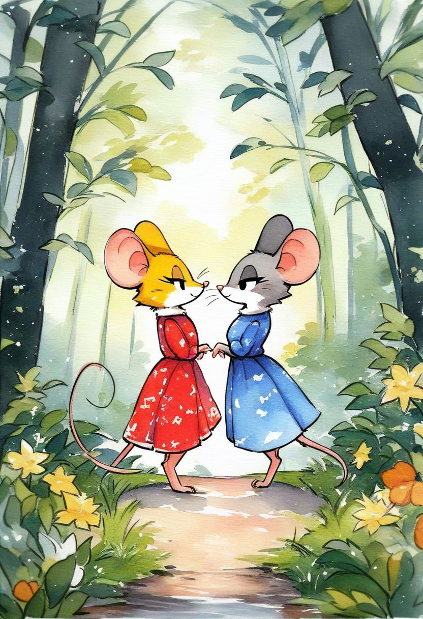 score_9, score_8_up, score_7_up, score_6_up, score_5_up, score_4_up, two mouse women walking together, (mouse), dress, (dense vegetation), (forest), furry, source_furry, (source_cartoon), female, feminine, detailed background, full body shot, (feral:1.6), drawing, grey fur, yellow fur, watercolor, side view, romantic, (bedroom eyes)