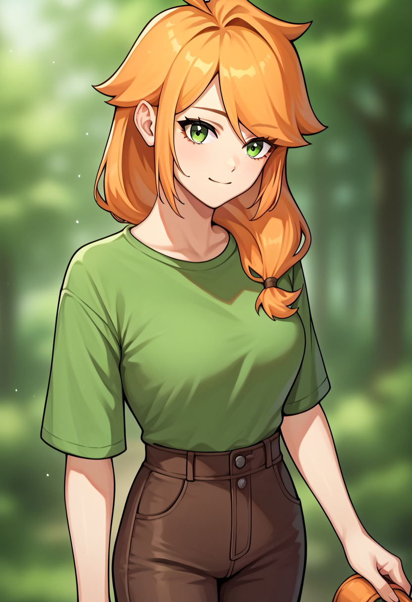 score_9, score_8_up, score_7_up, score_6_up, score_5_up, score_4_up, source_anime, 1girl, solo,  <lora:Alex_Moja:1.2> mmalex, orange hair, green eyes, green shirt, brown pants,