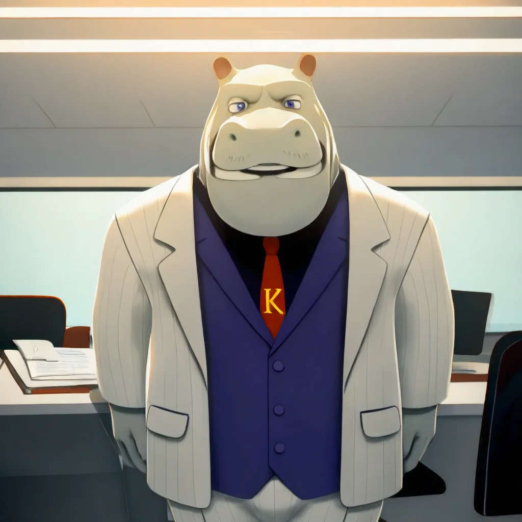 King, large humanoid, hippo, furry male, white pinstripe suit, red tie with the letter K printed on it, formal, black top, facial hair, blue eyes, purple vest, long sleeves, striped white pants, black shoes, masterpiece, best quality, amazing quality, looking at viewer, male focus, office, large window, desk, chair,
